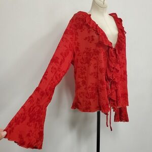 Shein Womens Velvet Burnout Vampire Tie Front Top Size 2X Red Flar Sleeve Ruffle